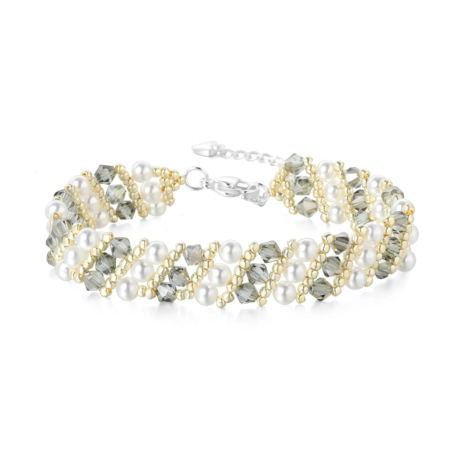 Swarovski crystal elements, high quality women's pearl bracelet handmade, with extension chain, brings good luck, suitable for all occasions, elegant fashion high-end accessories(white)