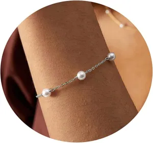 Tasiso Dainty Gold Bracelets for Women Cute Tiny Sideways Cross Bracelets Layered Pearls Herringbone Chain Toggle Clasp Bracelet Minimalist Handmade Jewelry Gift