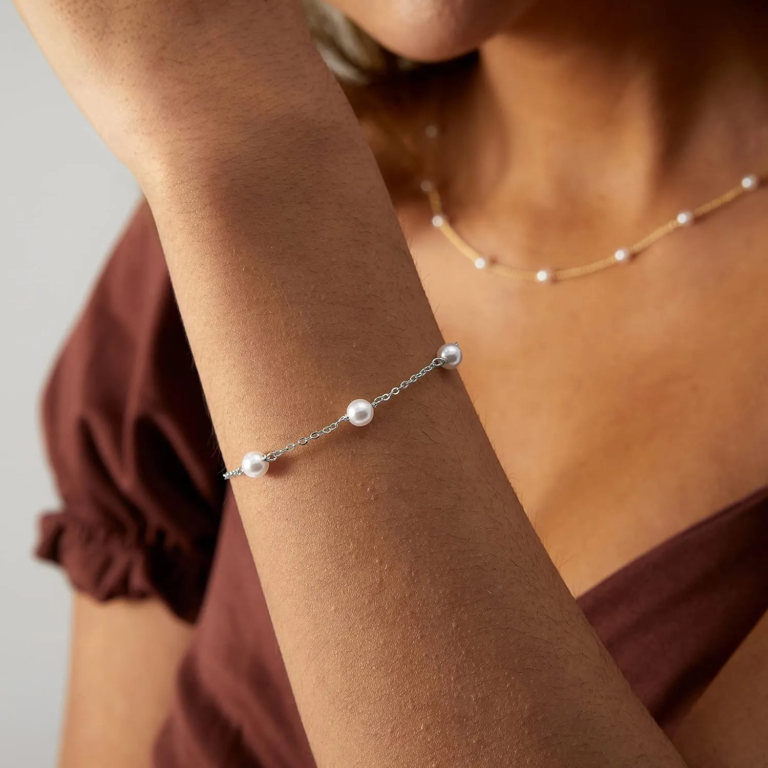 Tasiso Dainty Gold Bracelets for Women Cute Tiny Sideways Cross Bracelets Layered Pearls Herringbone Chain Toggle Clasp Bracelet Minimalist Handmade Jewelry Gift