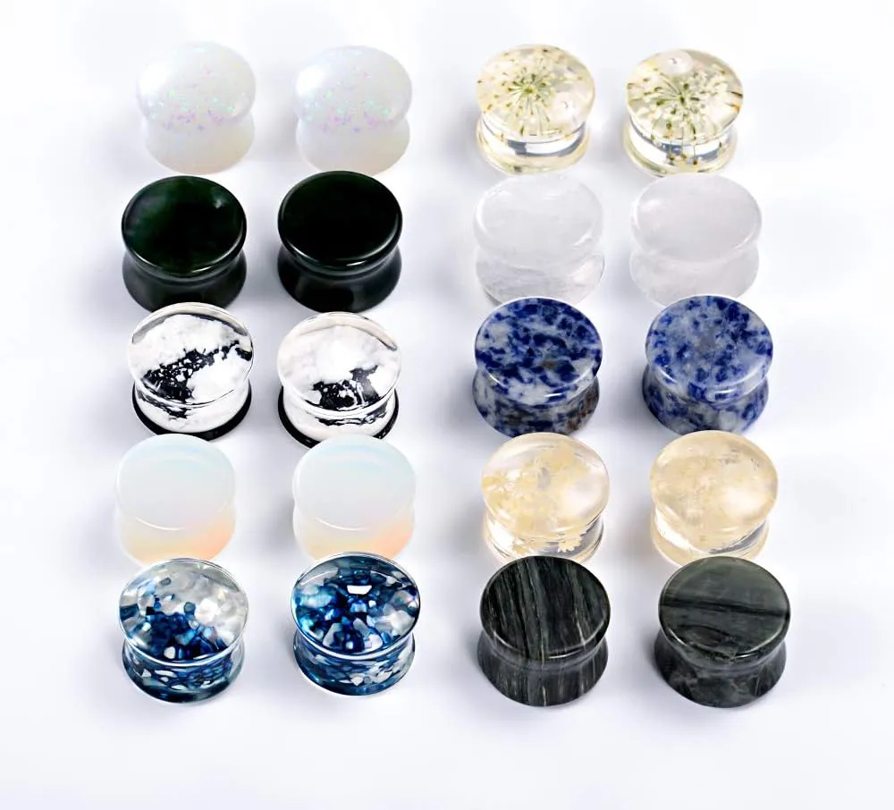 TBOSEN Set Of 10 Pairs Mixed Stone Ear Plugs Ear Gauges Ear Tunnels Double Flare Plugs Expander Body Piercing Jewelry 0g-5/8 in 8mm-16mm