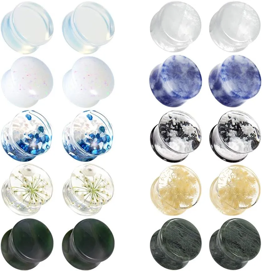 TBOSEN Set Of 10 Pairs Mixed Stone Ear Plugs Ear Gauges Ear Tunnels Double Flare Plugs Expander Body Piercing Jewelry 0g-5/8 in 8mm-16mm