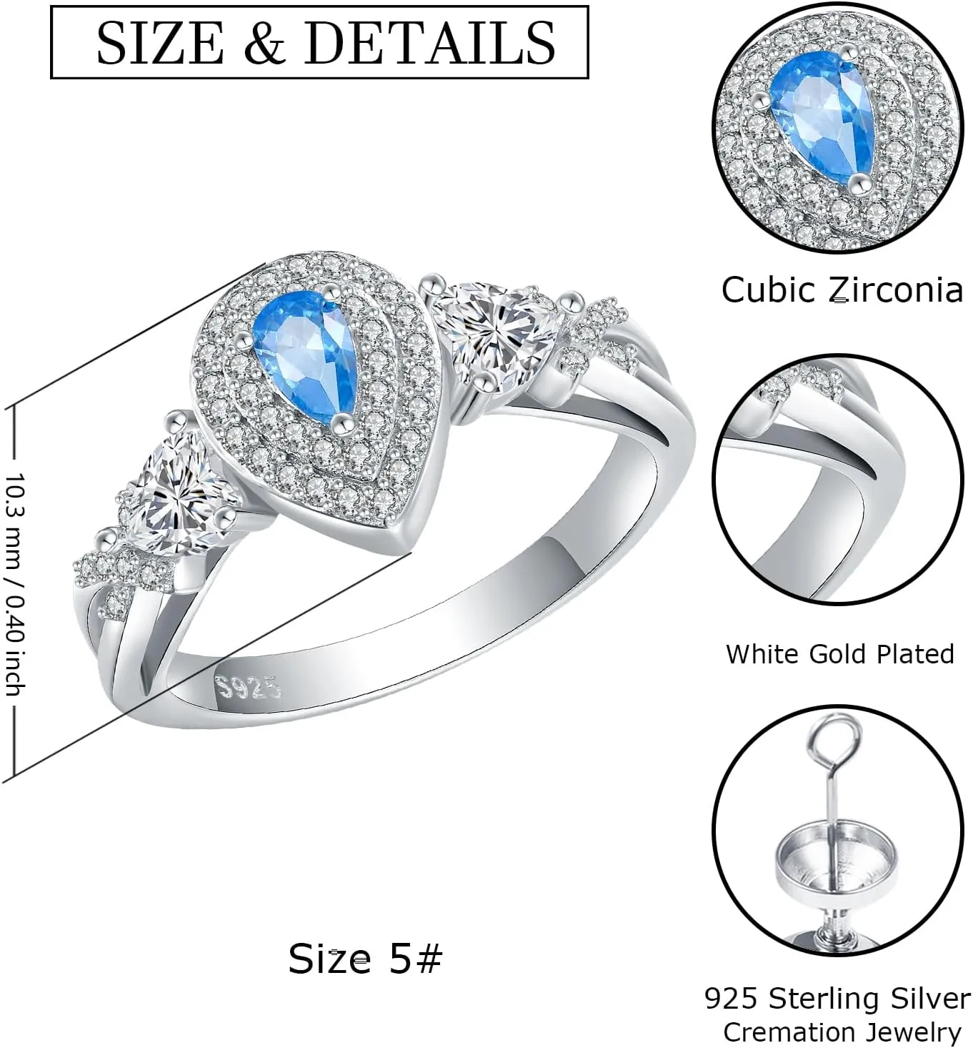Teardrop Urn Rings for Ashes for Women - 925 Sterling Silver cremation jewelry Keepsake Hold Loved Ones Ashes,Memorial Wedding Ring for Girls (7)