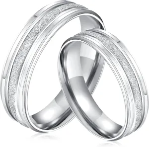 TEMICO 2pcs His and Hers Couple Promise Rings Set Frosted Surface Stainless Steel Silver Wedding Band