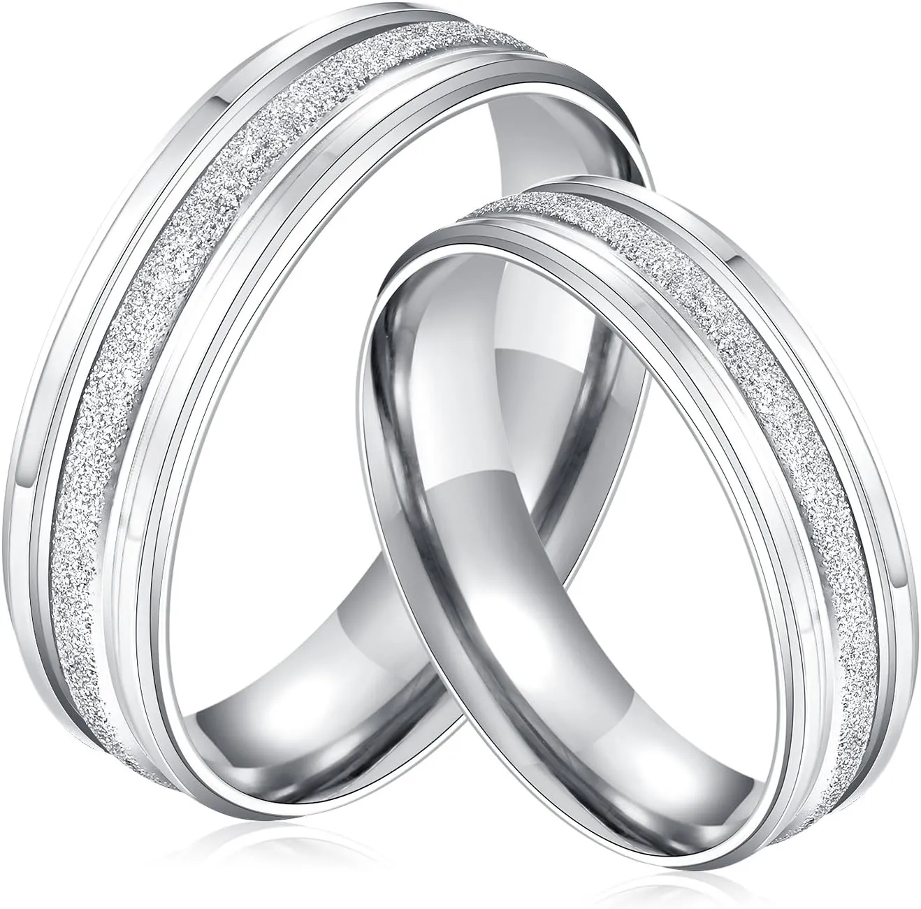 TEMICO 2pcs His and Hers Couple Promise Rings Set Frosted Surface Stainless Steel Silver Wedding Band