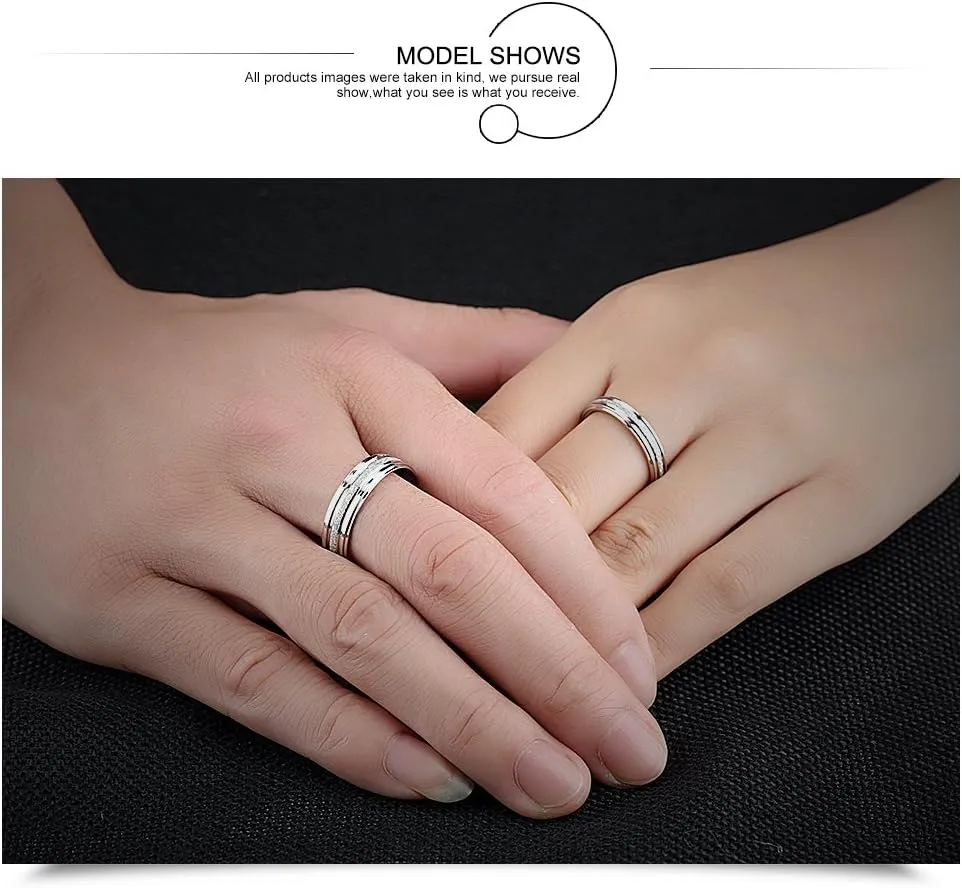TEMICO 2pcs His and Hers Couple Promise Rings Set Frosted Surface Stainless Steel Silver Wedding Band