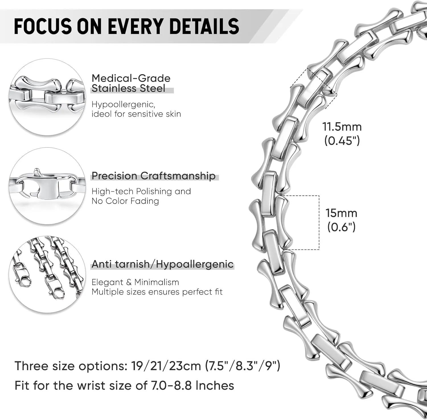 TempBeau Stainless Steel Chain Bracelet for Men, Chunky Metal Chains Silver Bracelets for Men, Mens Stainless Steel Chain Bracelets Wrist Fathers Day Jewelry Trendy Gifts for Dad Boyfriend