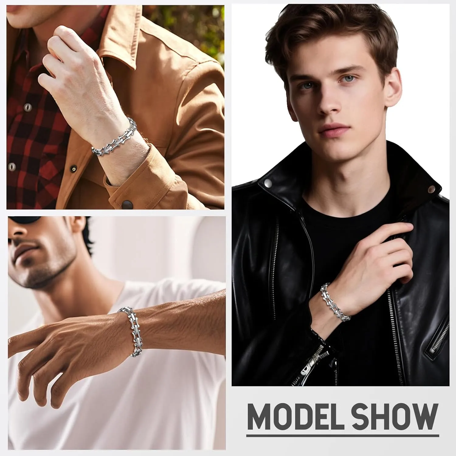 TempBeau Stainless Steel Chain Bracelet for Men, Chunky Metal Chains Silver Bracelets for Men, Mens Stainless Steel Chain Bracelets Wrist Fathers Day Jewelry Trendy Gifts for Dad Boyfriend