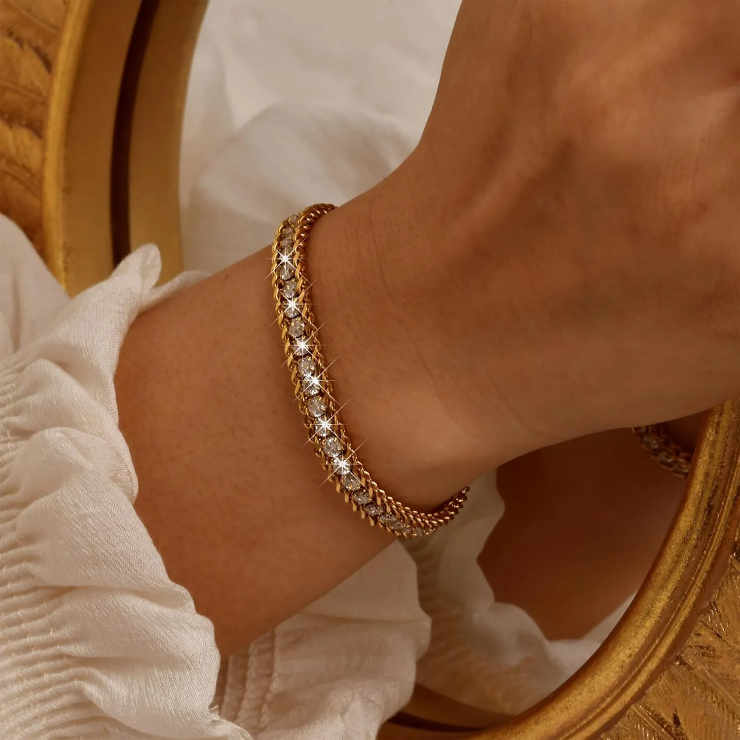 Tennis Bracelets for Women  Elegant Cuban Link Bracelet with 18k Gold Plated 3mm Cubic Zirconia Gold Bracelets Stackable Fashion Jewelry Wedding Prom Gift