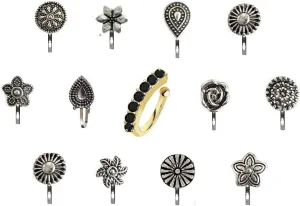 THANU'S CRAFT 13 Pcs Oxidized Non piercing Ethnic Nose Ring Studs Black Metal Antique silver Oxidised Nosepin for Women