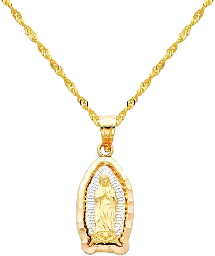 The World Jewelry Center 14k Tone Gold Religious Mary Guadlupe Pendant with 1.2mm Singapore Chain Necklace