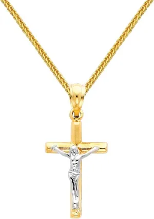The World Jewelry Center 14k Two Tone Gold Jesus Cross Religious Pendant with 0.8mm Braided Square Wheat Chain Necklace