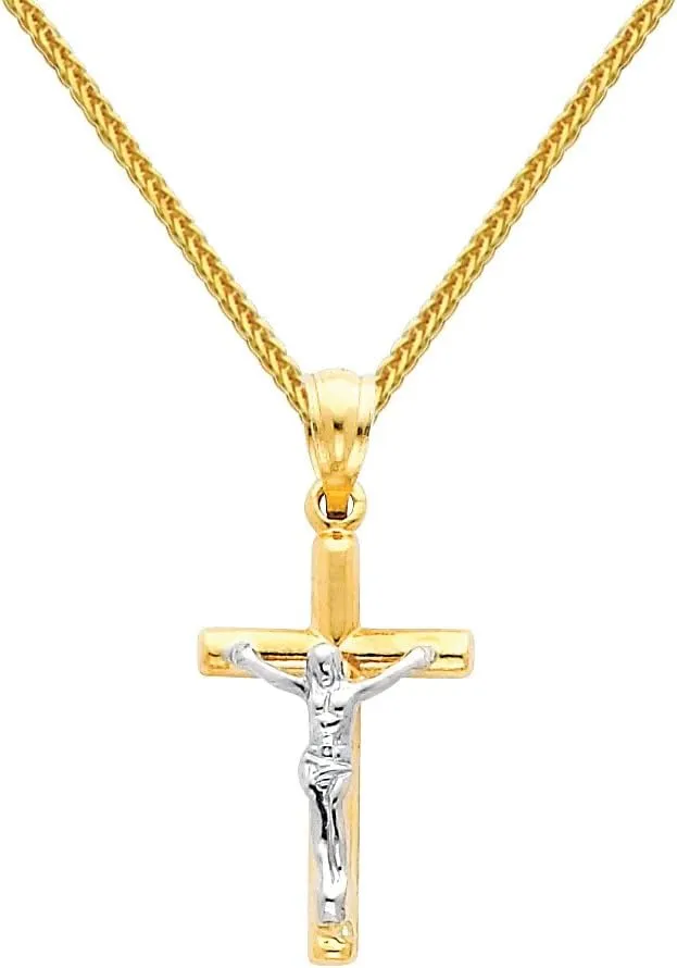 The World Jewelry Center 14k Two Tone Gold Jesus Cross Religious Pendant with 0.8mm Braided Square Wheat Chain Necklace