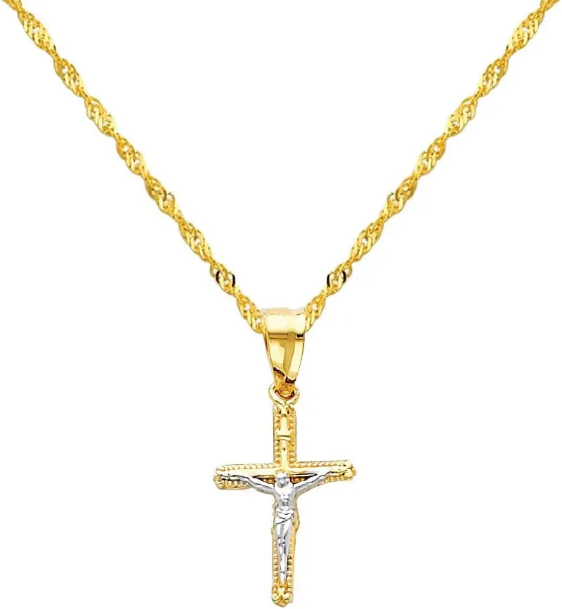 The World Jewelry Center 14k Two Tone Gold Jesus Cross Religious Pendant with 1.2mm Singapore Chain Necklace