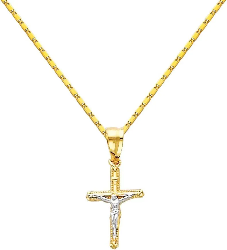 The World Jewelry Center 14k Two Tone Gold Jesus Cross Religious Pendant with 1mm Snail Link Chain Necklace