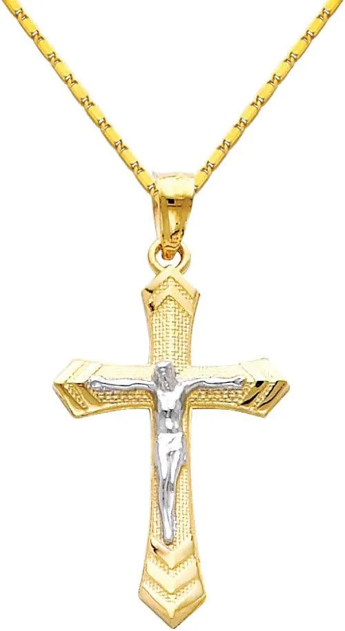 The World Jewelry Center 14k Two Tone Gold Jesus Cross Religious Pendant with 1mm Snail Link Chain Necklace