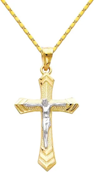 The World Jewelry Center 14k Two Tone Gold Jesus Cross Religious Pendant with 1mm Snail Link Chain Necklace