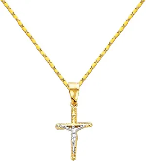 The World Jewelry Center 14k Two Tone Gold Jesus Cross Religious Pendant with 1mm Snail Link Chain Necklace