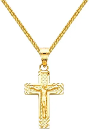 The World Jewelry Center 14k Yellow Gold Jesus Cross Religious Pendant with 0.8mm Braided Square Wheat Chain Necklace