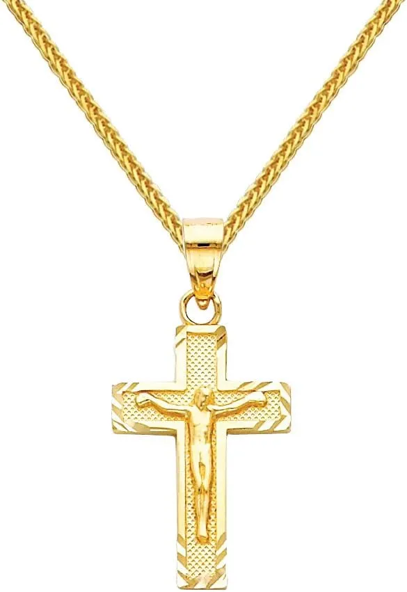 The World Jewelry Center 14k Yellow Gold Jesus Cross Religious Pendant with 0.8mm Braided Square Wheat Chain Necklace