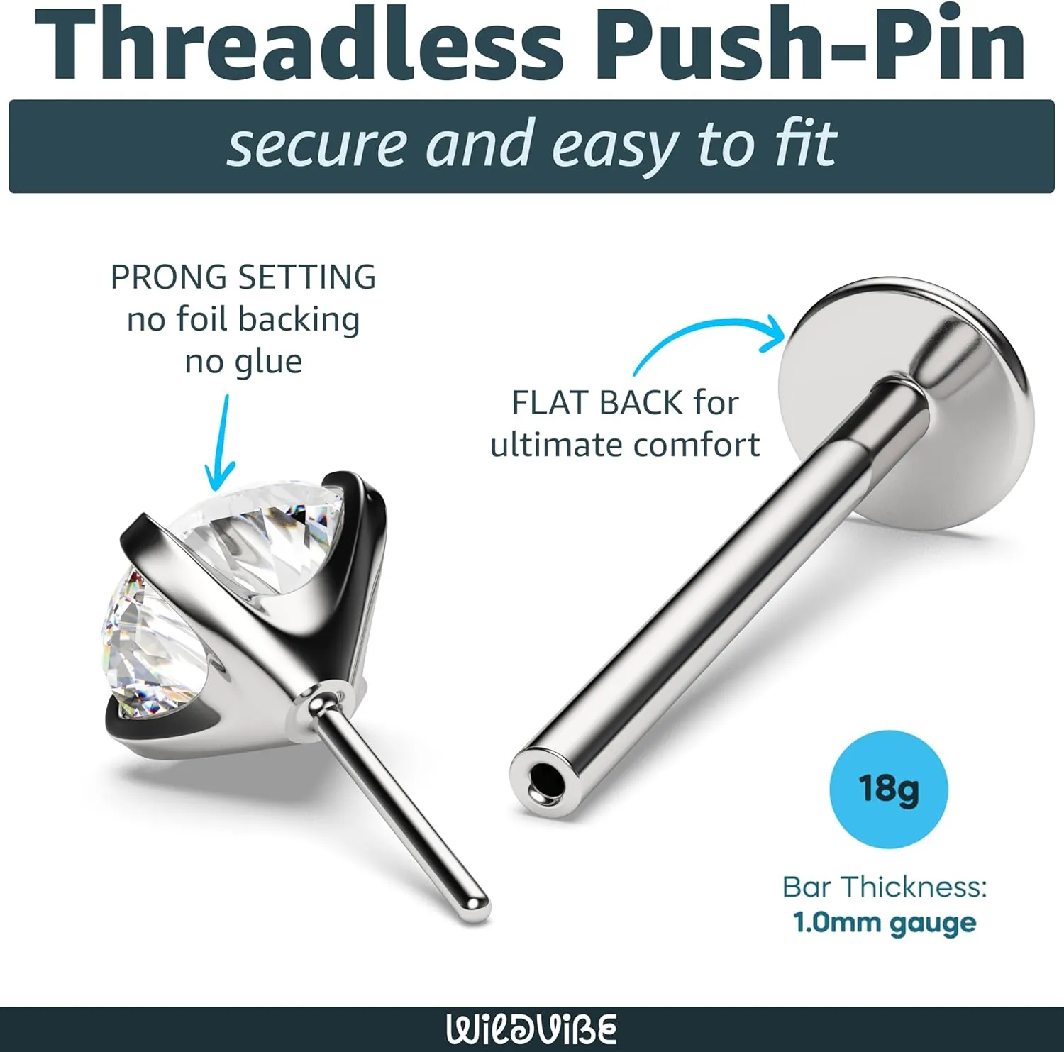 Threadless Flat Back Nose Stud 18g 16g 20g - Real G23 Titanium Flatback Stud Earrings - Tragus, Helix, Conch Push Pin Earring Studs - Secure & Easy Fit Threadless Nose Stud - 6mm 8mm Flat Back Nose Ring
