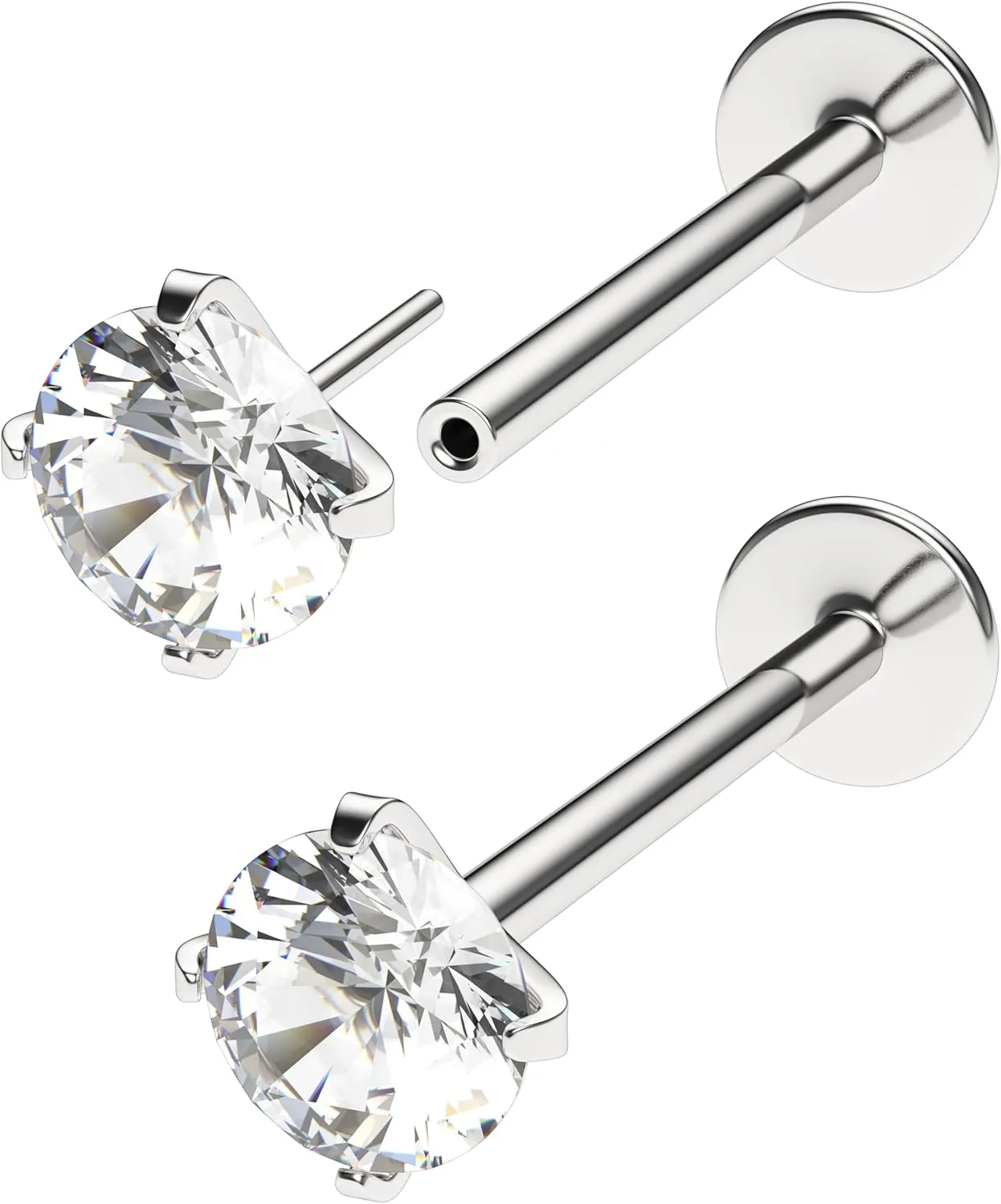 Threadless Flat Back Nose Stud 18g 16g 20g - Real G23 Titanium Flatback Stud Earrings - Tragus, Helix, Conch Push Pin Earring Studs - Secure & Easy Fit Threadless Nose Stud - 6mm 8mm Flat Back Nose Ring