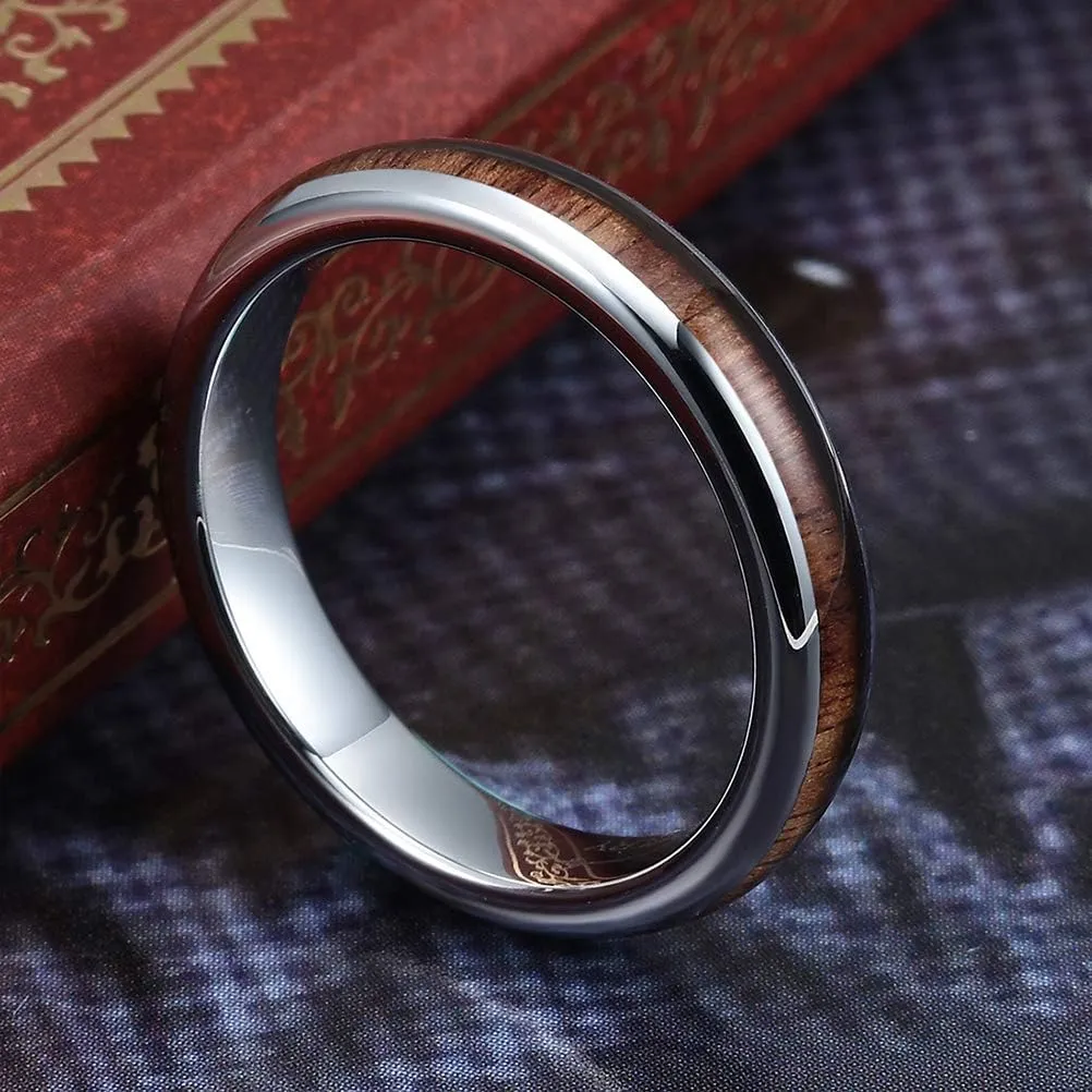 THREE KEYS JEWELRY 4mm 6mm 8mm Black Tungsten Wedding Ring Domed with Real Koa Wood Inlay