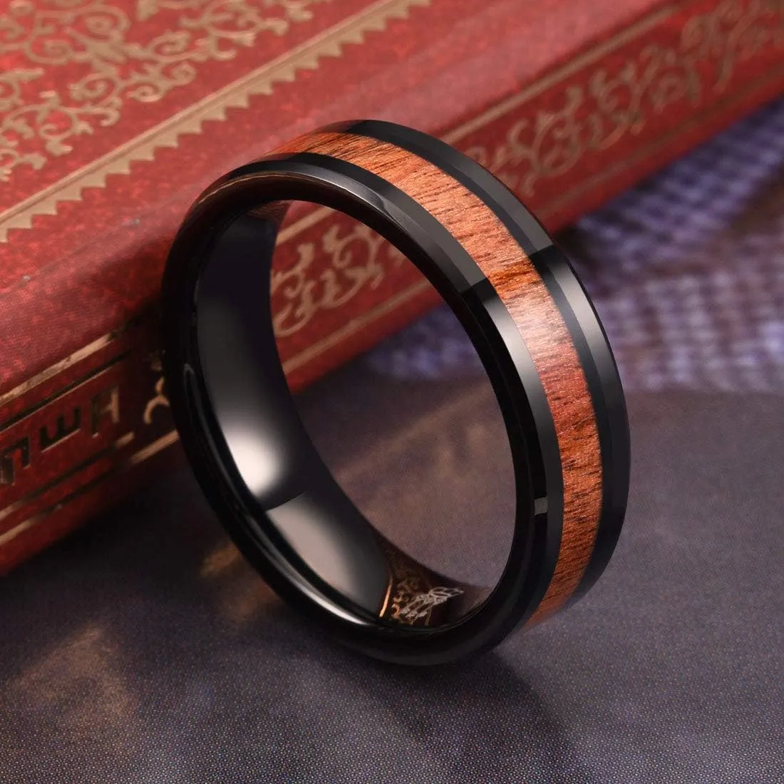 THREE KEYS JEWELRY 6mm/8mm Tungsten Wedding Ring with Koa Wood Inlay Rose Gold/silver/Black Flat Wedding Band Engagement Ring Comfort Fit
