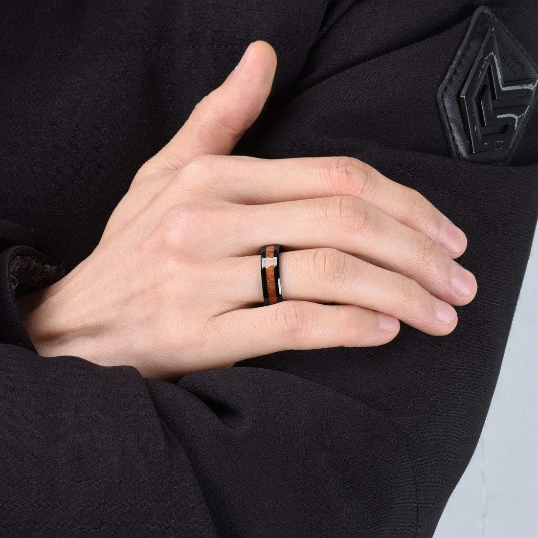 THREE KEYS JEWELRY 6mm/8mm Tungsten Wedding Ring with Koa Wood Inlay Rose Gold/silver/Black Flat Wedding Band Engagement Ring Comfort Fit