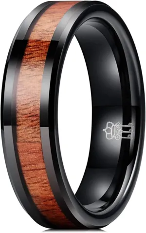 THREE KEYS JEWELRY 6mm/8mm Tungsten Wedding Ring with Koa Wood Inlay Rose Gold/silver/Black Flat Wedding Band Engagement Ring Comfort Fit