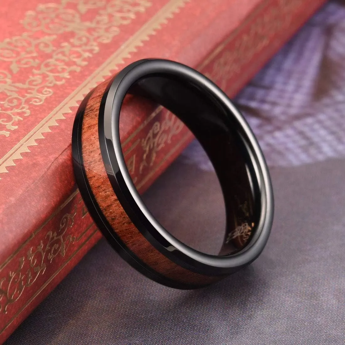 THREE KEYS JEWELRY 6mm/8mm Tungsten Wedding Ring with Koa Wood Inlay Rose Gold/silver/Black Flat Wedding Band Engagement Ring Comfort Fit
