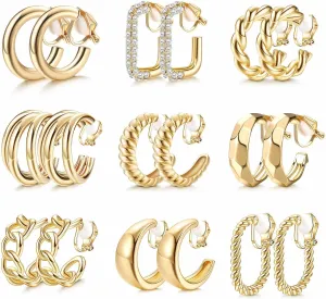 THUNARAZ Gold Clip on Earrings 14K Gold Plated Chunky Hoop Clip Earrings Trendy Clip on Hoop Earrings for Women Non-Pierced Fake Jewelry
