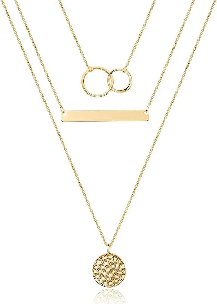 TianBo Layered Necklace Dainty Disc Chokers Necklace 14K Gold Plated Y Pendant Multilayer Bar Adjustable Layering Necklace for Women