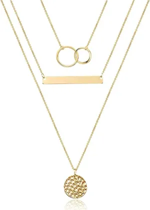 TianBo Layered Necklace Dainty Disc Chokers Necklace 14K Gold Plated Y Pendant Multilayer Bar Adjustable Layering Necklace for Women