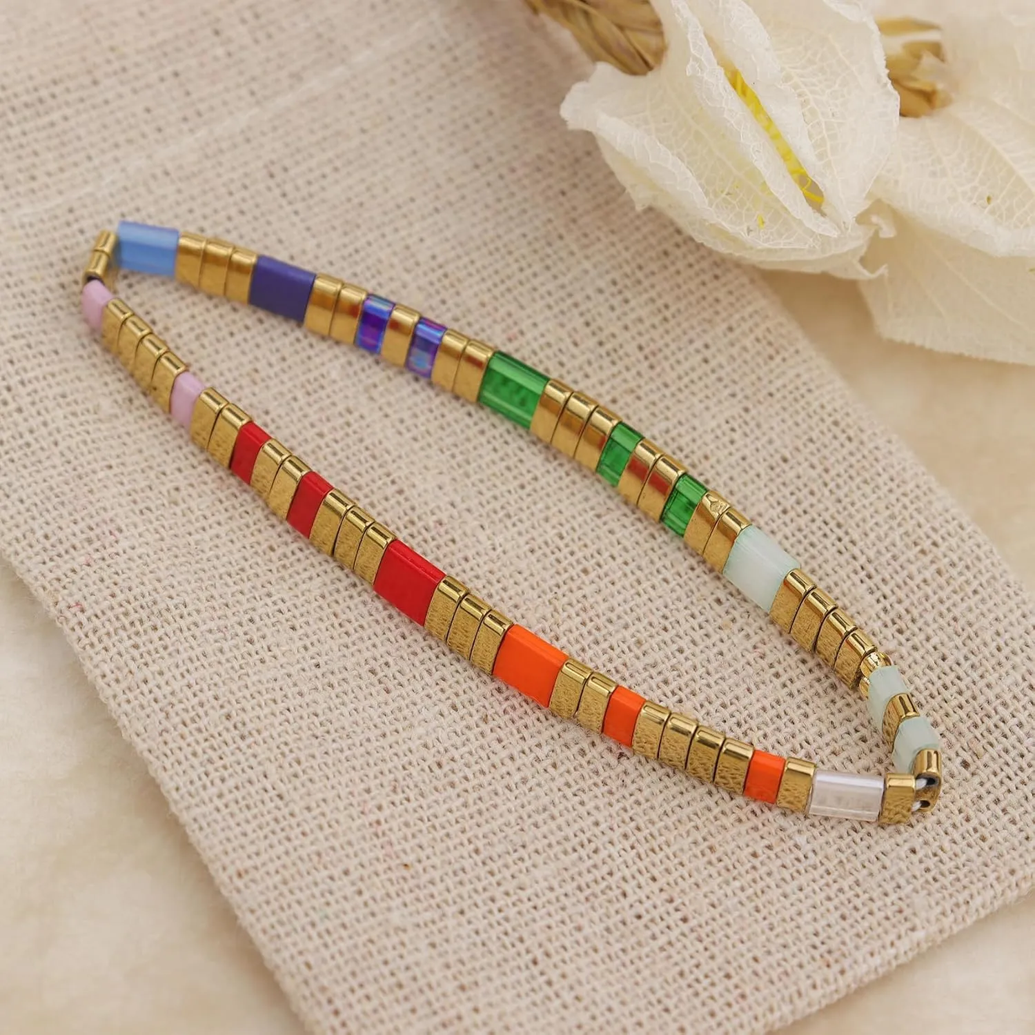 Tila Beaded Stretch Strand Bracelets for Women, Cute Boho Stackable Handmade Colorful Mixed Flat Square Beads Elastic Beach Surfer Bracelet Trendy Jewelry Friend Gift