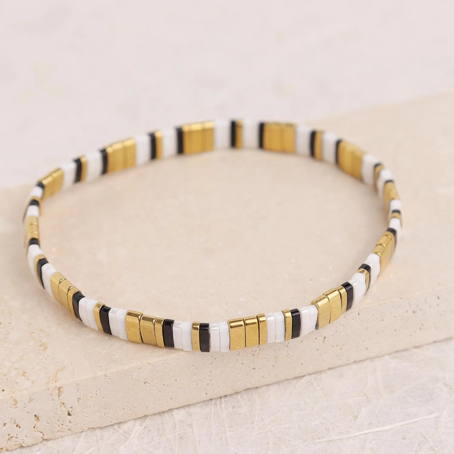 Tila Beaded Stretch Strand Bracelets for Women, Cute Boho Stackable Handmade Colorful Mixed Flat Square Beads Elastic Beach Surfer Bracelet Trendy Jewelry Friend Gift