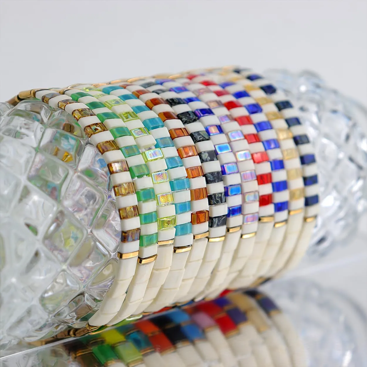 Tila Beaded Stretch Strand Bracelets for Women, Cute Boho Stackable Handmade Colorful Mixed Flat Square Beads Elastic Beach Surfer Bracelet Trendy Jewelry Friend Gift