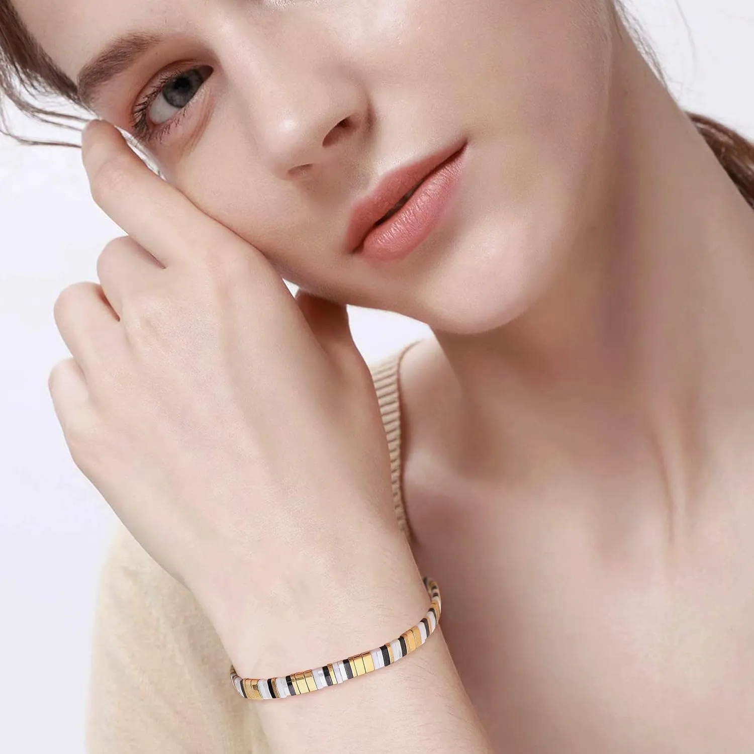 Tila Beaded Stretch Strand Bracelets for Women, Cute Boho Stackable Handmade Colorful Mixed Flat Square Beads Elastic Beach Surfer Bracelet Trendy Jewelry Friend Gift