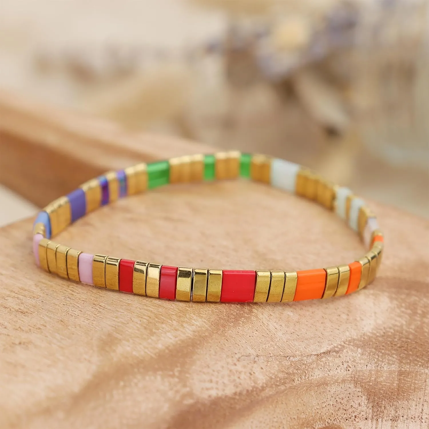 Tila Beaded Stretch Strand Bracelets for Women, Cute Boho Stackable Handmade Colorful Mixed Flat Square Beads Elastic Beach Surfer Bracelet Trendy Jewelry Friend Gift