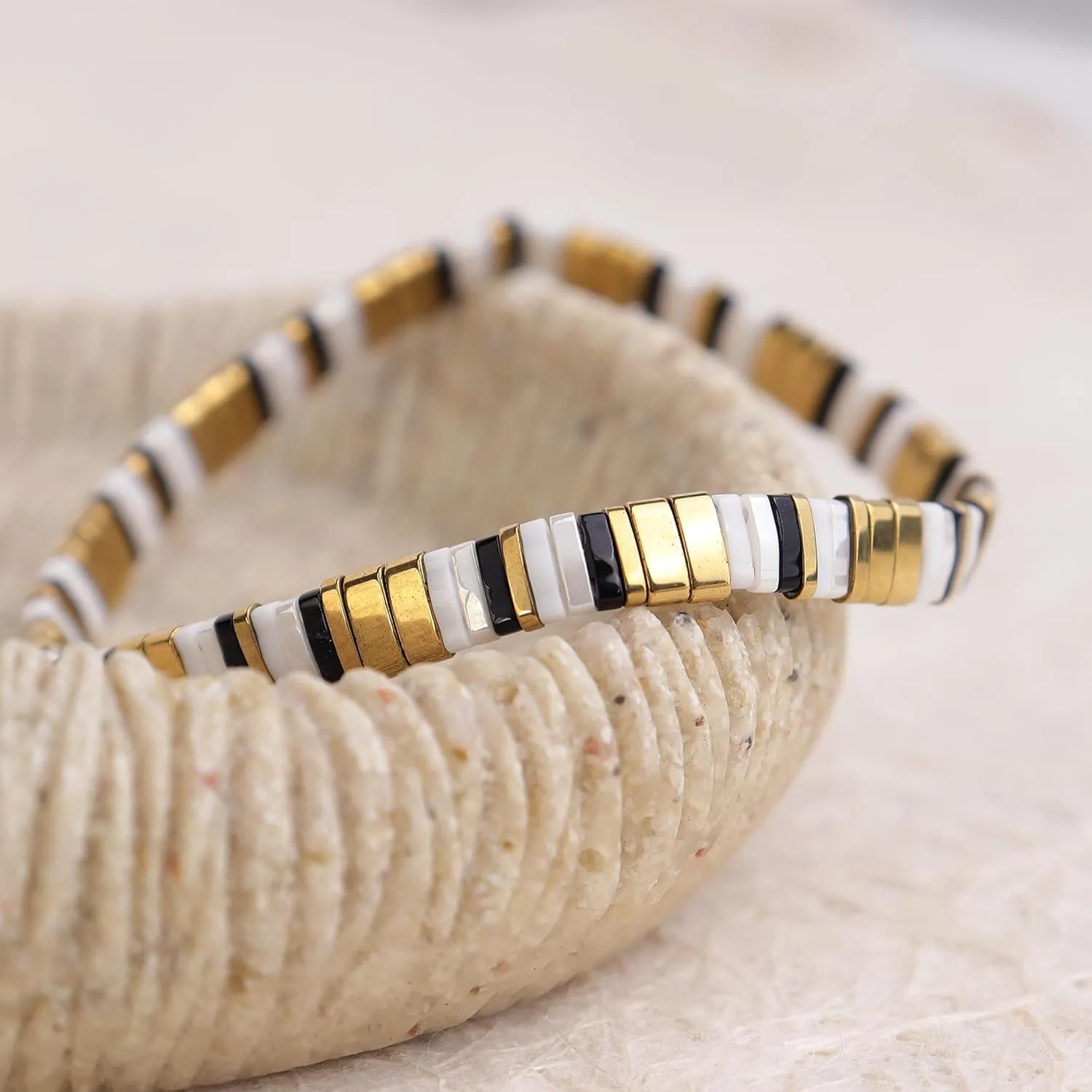 Tila Beaded Stretch Strand Bracelets for Women, Cute Boho Stackable Handmade Colorful Mixed Flat Square Beads Elastic Beach Surfer Bracelet Trendy Jewelry Friend Gift