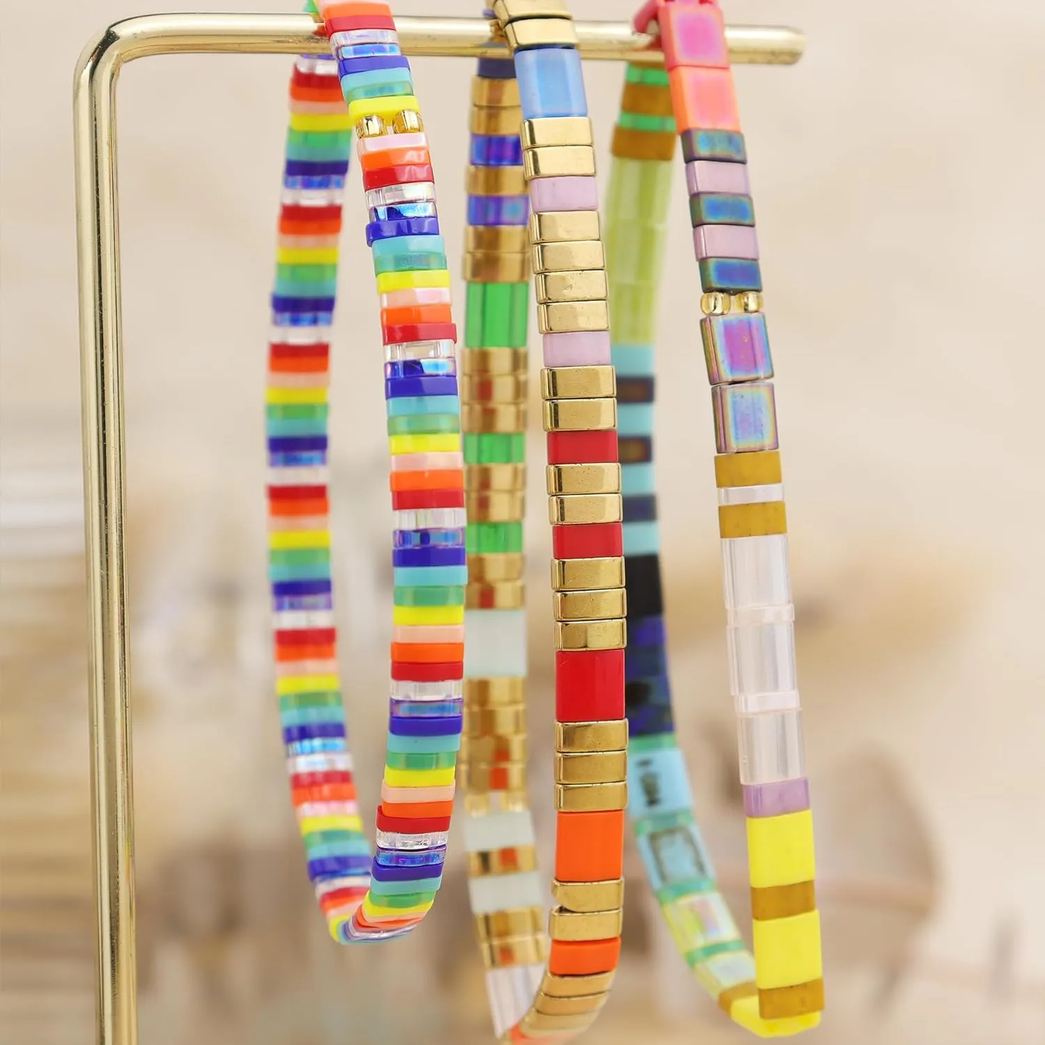 Tila Beaded Stretch Strand Bracelets for Women, Cute Boho Stackable Handmade Colorful Mixed Flat Square Beads Elastic Beach Surfer Bracelet Trendy Jewelry Friend Gift