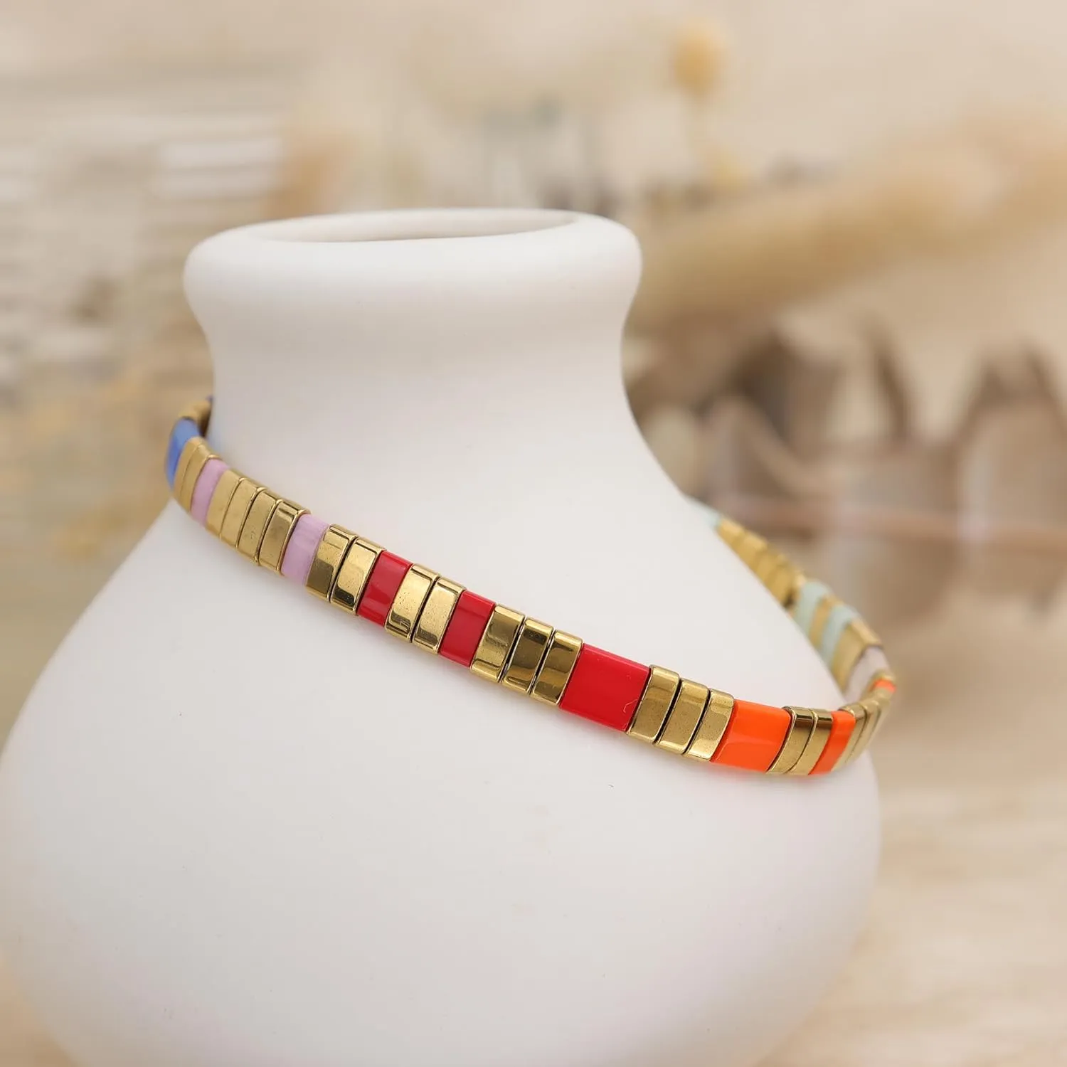 Tila Beaded Stretch Strand Bracelets for Women, Cute Boho Stackable Handmade Colorful Mixed Flat Square Beads Elastic Beach Surfer Bracelet Trendy Jewelry Friend Gift