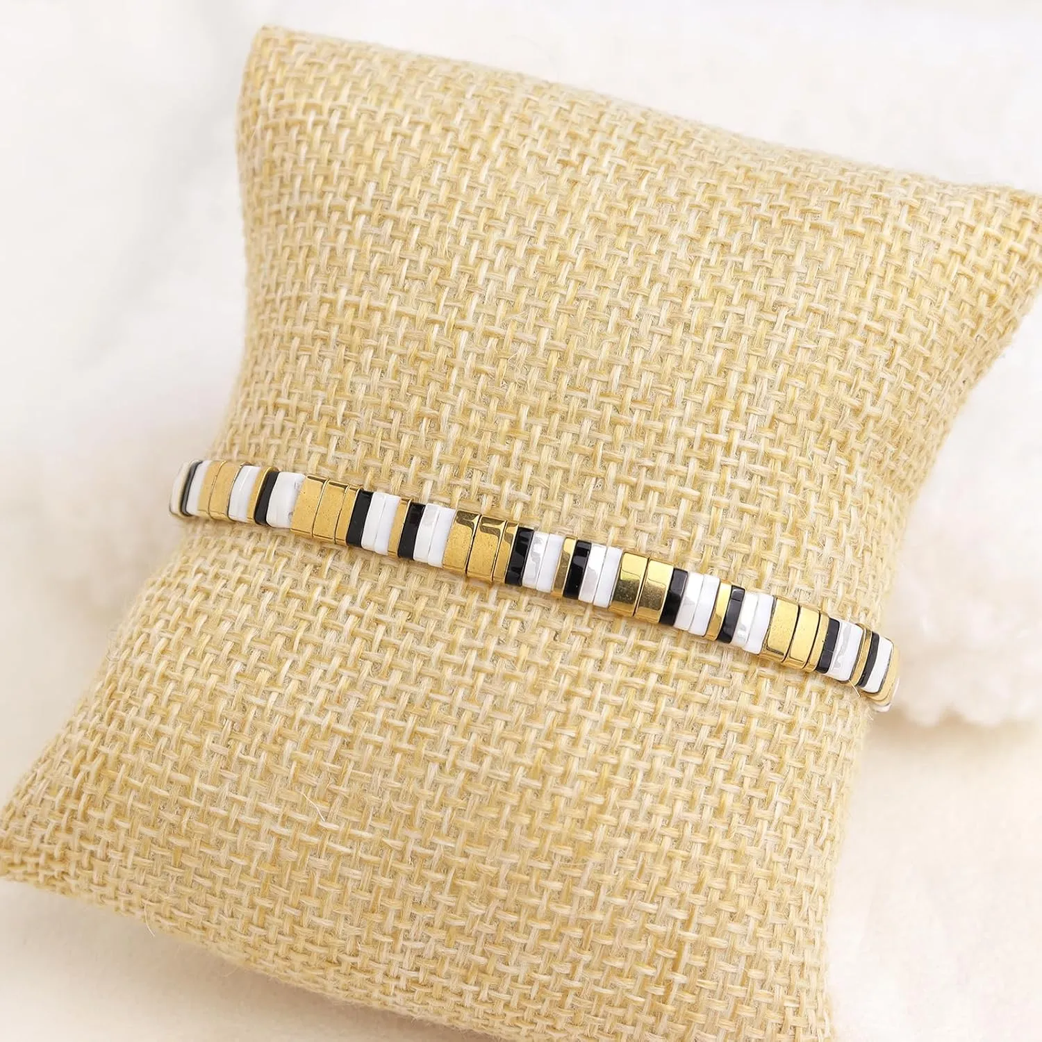 Tila Beaded Stretch Strand Bracelets for Women, Cute Boho Stackable Handmade Colorful Mixed Flat Square Beads Elastic Beach Surfer Bracelet Trendy Jewelry Friend Gift