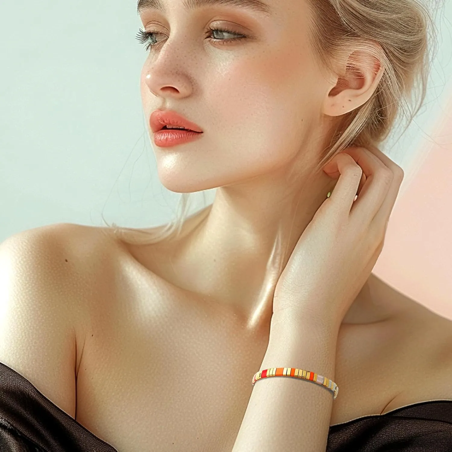 Tila Beaded Stretch Strand Bracelets for Women, Cute Boho Stackable Handmade Colorful Mixed Flat Square Beads Elastic Beach Surfer Bracelet Trendy Jewelry Friend Gift