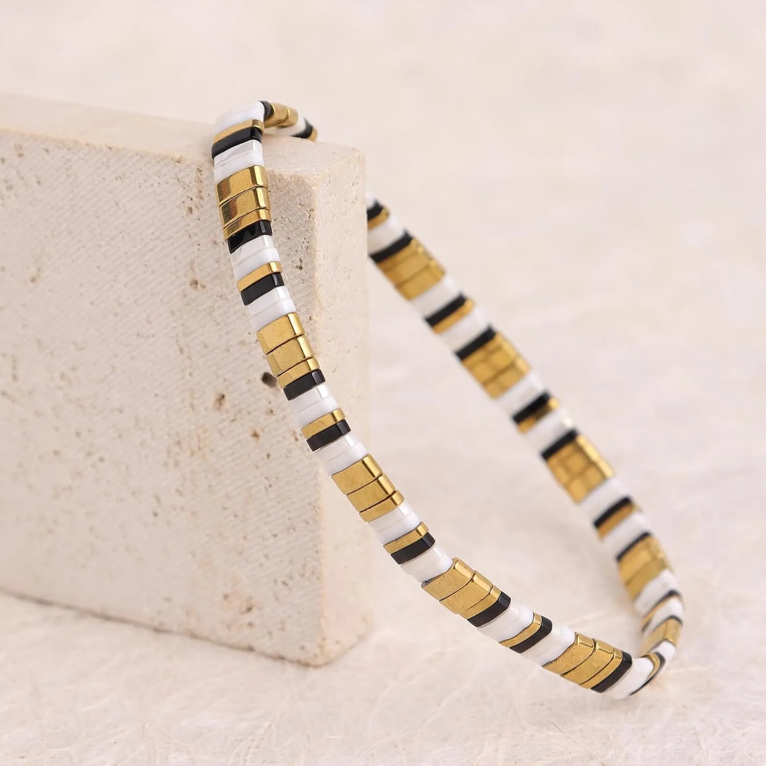 Tila Beaded Stretch Strand Bracelets for Women, Cute Boho Stackable Handmade Colorful Mixed Flat Square Beads Elastic Beach Surfer Bracelet Trendy Jewelry Friend Gift