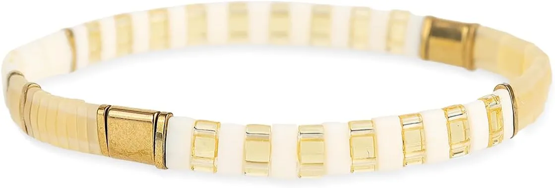 Tila Beaded Stretch Strand Bracelets for Women, Cute Boho Stackable Handmade Colorful Mixed Flat Square Beads Elastic Beach Surfer Bracelet Trendy Jewelry Friend Gift
