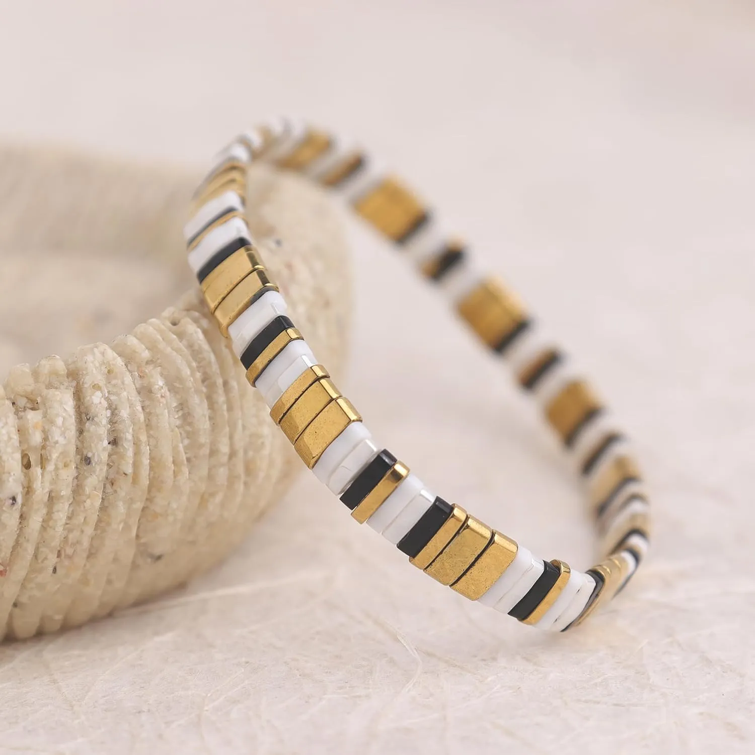 Tila Beaded Stretch Strand Bracelets for Women, Cute Boho Stackable Handmade Colorful Mixed Flat Square Beads Elastic Beach Surfer Bracelet Trendy Jewelry Friend Gift