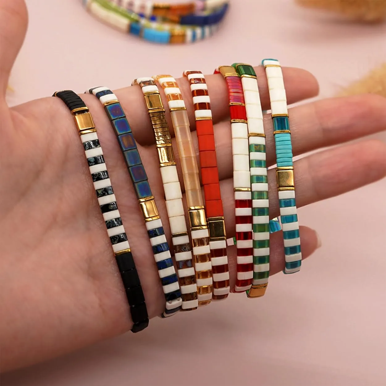Tila Beaded Stretch Strand Bracelets for Women, Cute Boho Stackable Handmade Colorful Mixed Flat Square Beads Elastic Beach Surfer Bracelet Trendy Jewelry Friend Gift