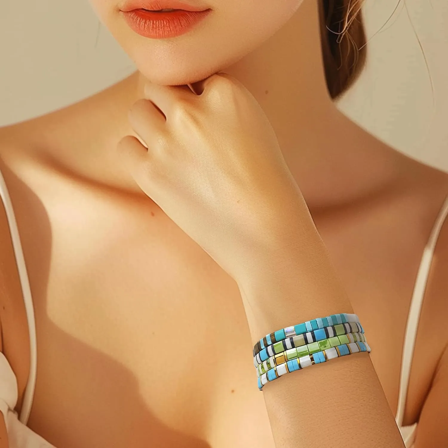 Tila Flat Beaded Stretch Bracelets for Women, Trendy Unique Handmade Stackable Green Blue Square Beads Miyuk Link Bracelet Summer Jewelry Gift