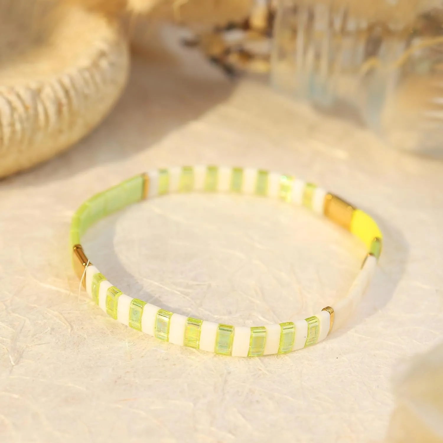 Tila Flat Beaded Stretch Bracelets for Women, Trendy Unique Handmade Stackable Green Blue Square Beads Miyuk Link Bracelet Summer Jewelry Gift