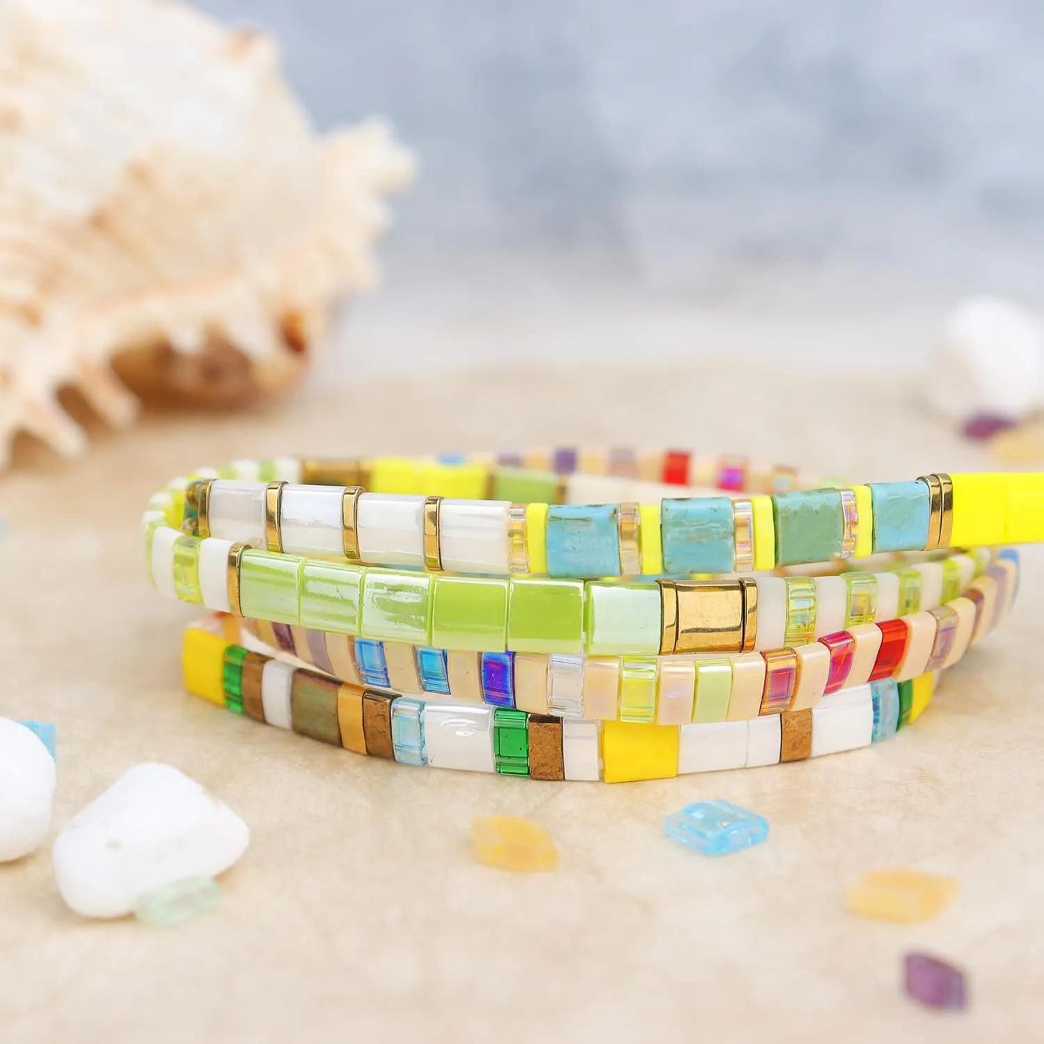 Tila Flat Beaded Stretch Bracelets for Women, Trendy Unique Handmade Stackable Green Blue Square Beads Miyuk Link Bracelet Summer Jewelry Gift